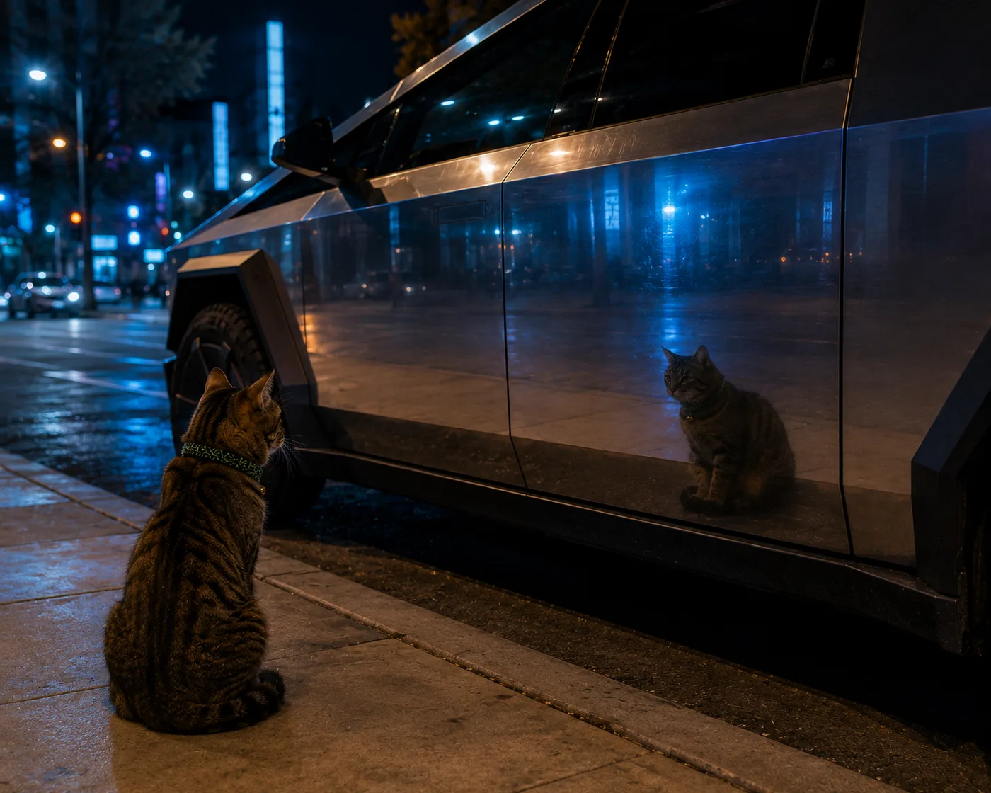 Cate meeting her reflection in a Cybertruck on a rainy neon street